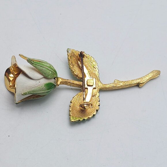 Vintage Rose Flower Brooch Pin Gold Tone White Green Enamel - Picture 3 of 4